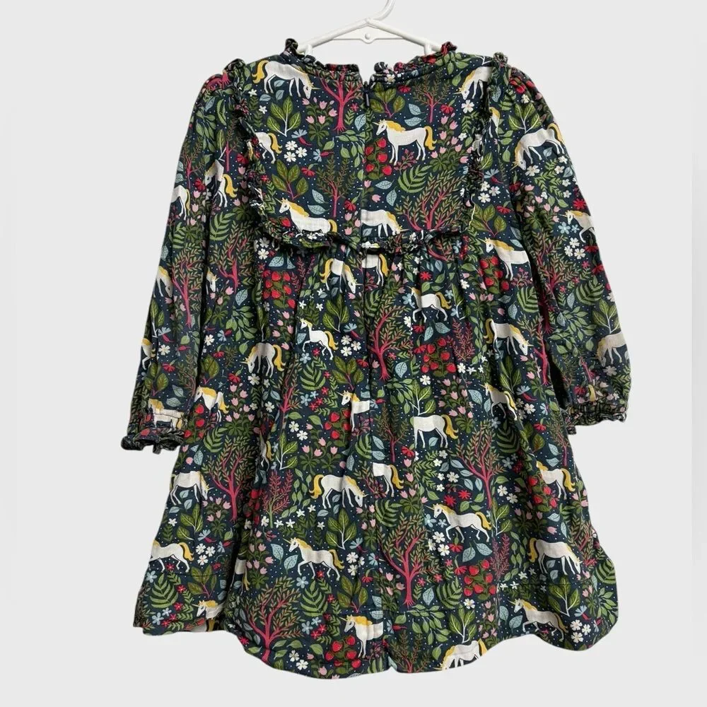 Mini Boden Nostalgic Ruffle Unicorn Forest Dress Size 3-4Y Navy Magical Cute